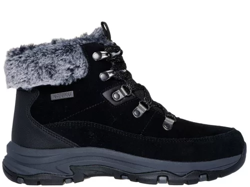 Skechers 167882 BLK női bőr bokacsizma, fűzős, vízlepergető, meleg